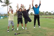 Jumping for joy. These must be our celebrity golfers (Dave, Terry, Tim and Rodney) here on the 6th hole at Mid Pacific Country Club