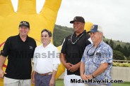 Matt, Eric, volunteer Justin and Andrew pose for the PAINA photographer from Star Advertiser at the Midas Hawaii APIII Memorial Golf Tournament 2016 for RMHC. Thanks OPI